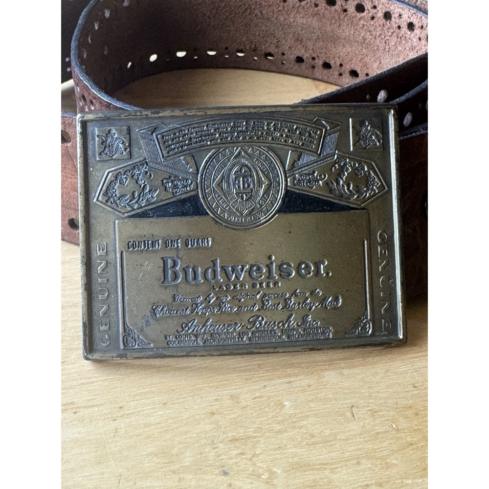 Vintage Budweiser Brass Belt Buckle Brown Leather Belt Size 34 Mens Western - Picture 2 of 7